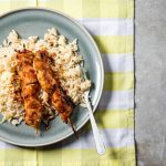 chicken skewers and rice