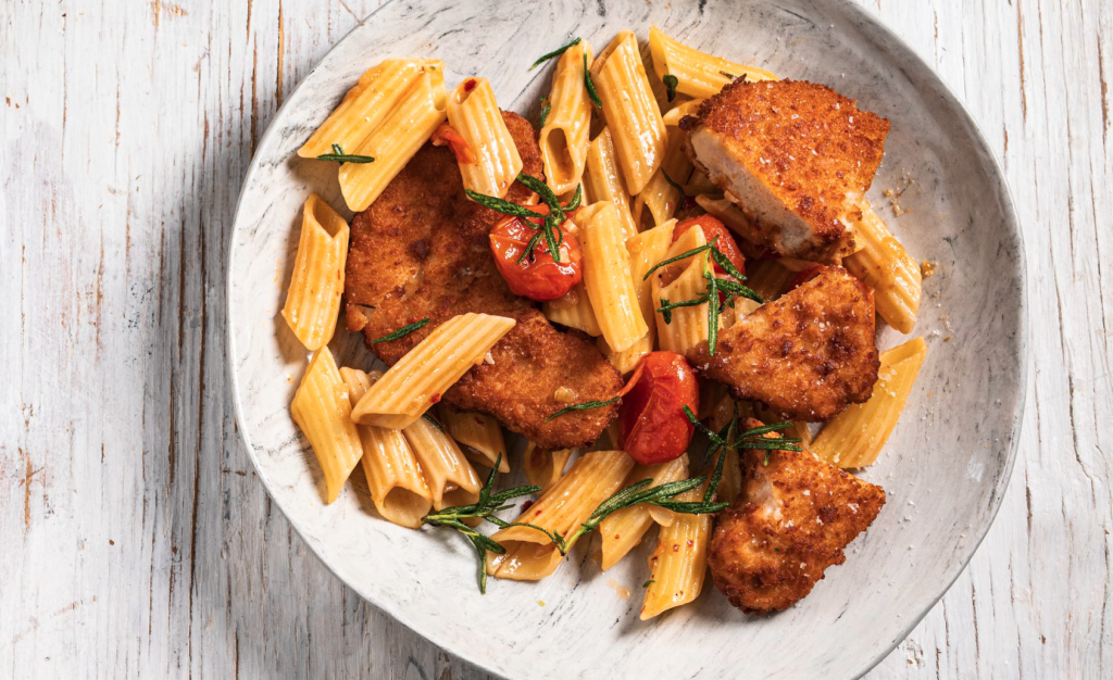 Penne with chicken breast steaks - Astral Chicken