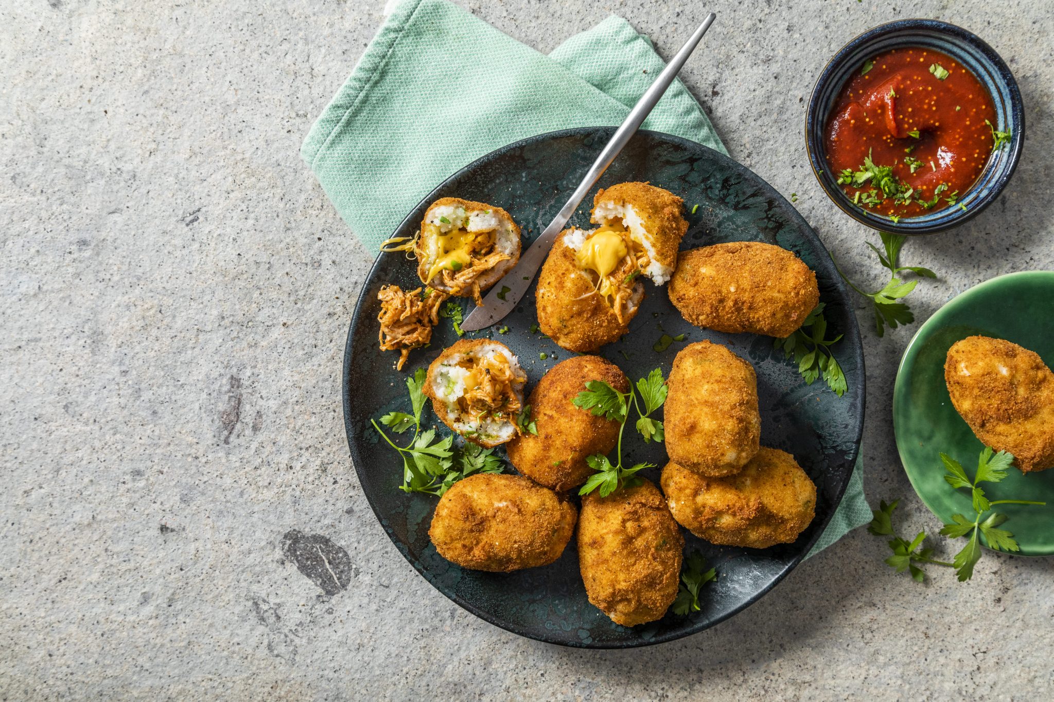 Cheesy pap, herb and chicken croquettes with sticky dipping sauce