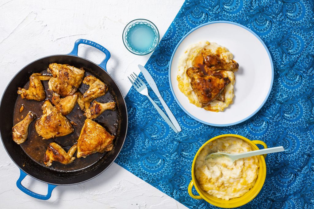 Gingerbeer chicken, served with creamy corn pap Astral Chicken