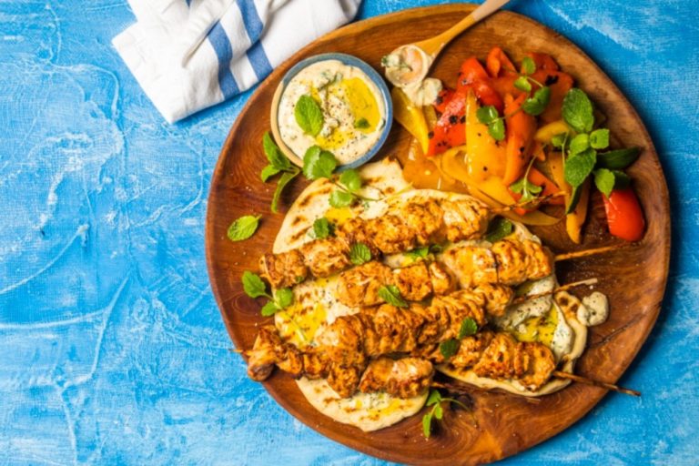 Turkish chicken kebabs with yoghurt hummus Astral Chicken