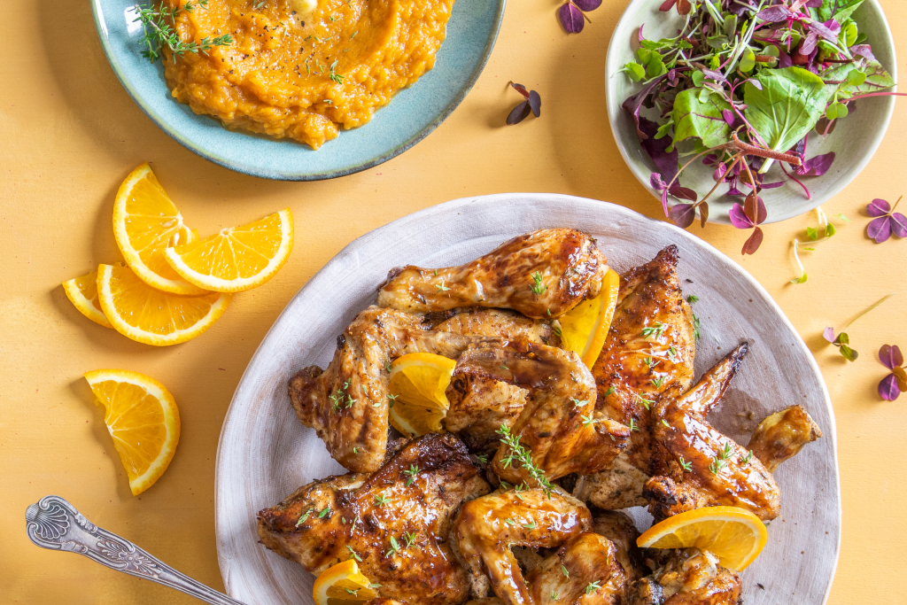 Cinnamon and ginger spiced chicken pieces with sweet potato mash - Astral Chicken