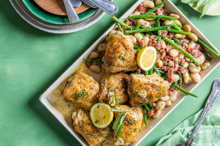 Garlic roasted chicken thighs with bacon, butter beans & green beans