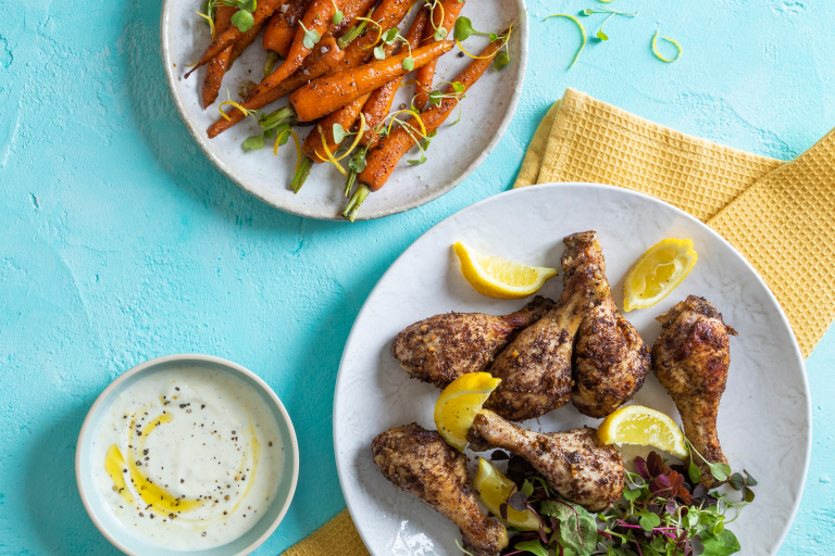 Honey and sumac roasted chicken with baby carrots Astral Chicken