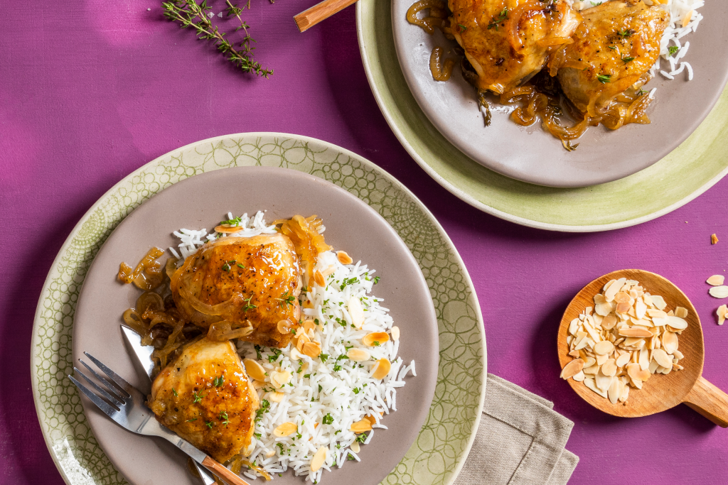 Sticky apricot, honey chicken with almond rice Astral Chicken