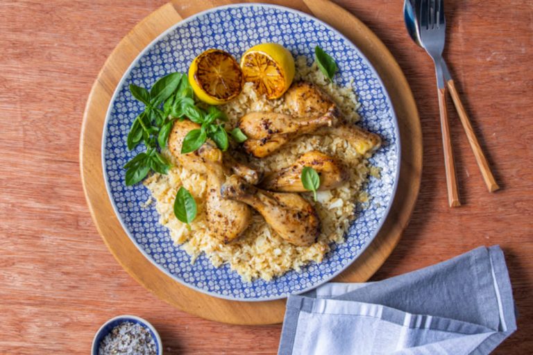 ROAST CHICKEN DRUMSTICKS WITH GARLIC & ONION CAULIFLOWER RICE Astral